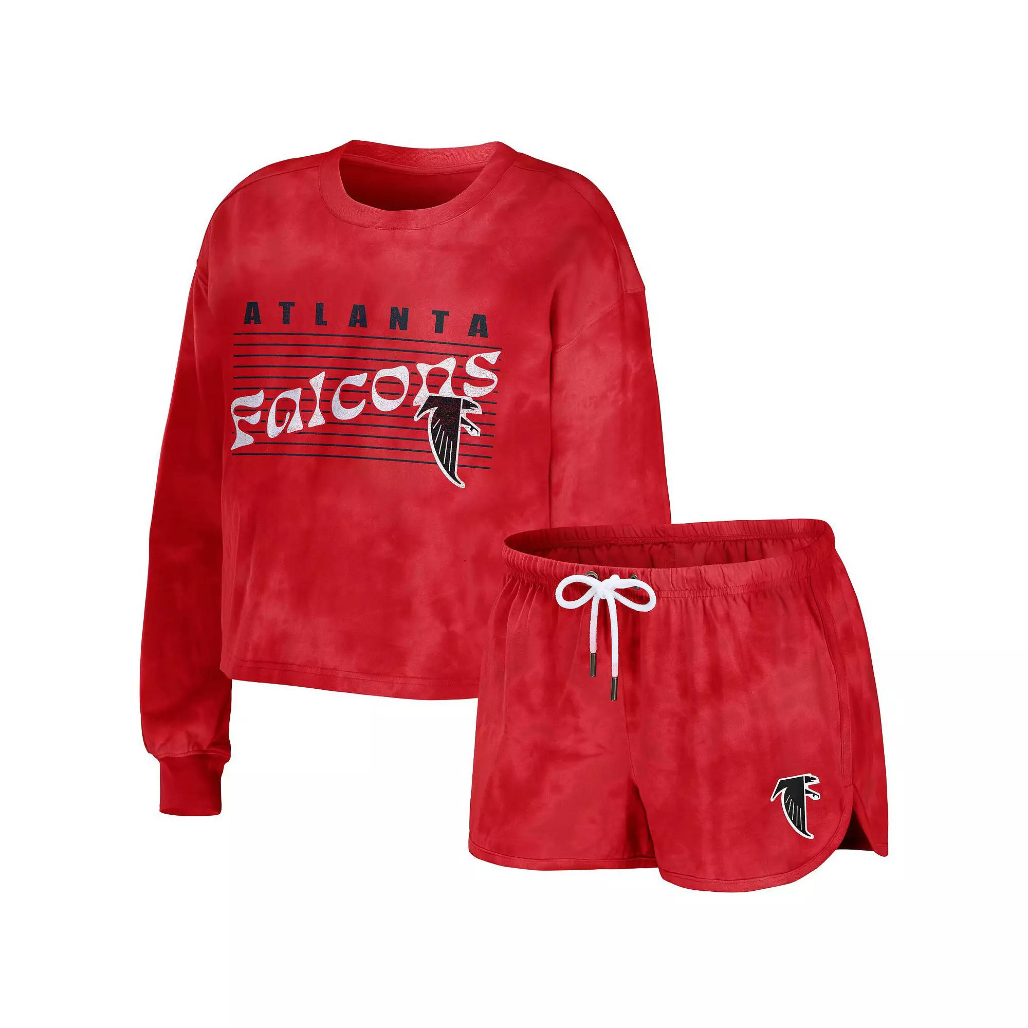 Women's WEAR by Erin Andrews Red Atlanta Falcons Tie-Dye Cropped Pullover Sweatshirt & Shorts Lounge Set,  Product Image
