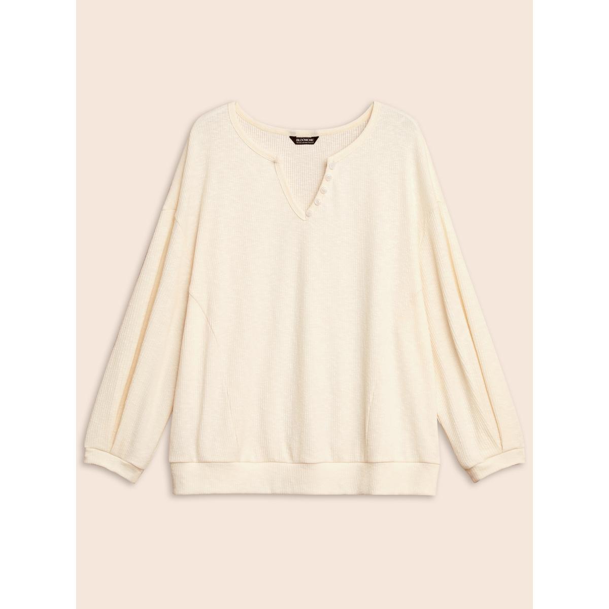 Plus Size Notched Button Detail Split Hem Sweatshirt Women Beige Casual Texture Flat collar with V-notch Everyday Sweatshirts BloomChic 14-16/1X Product Image