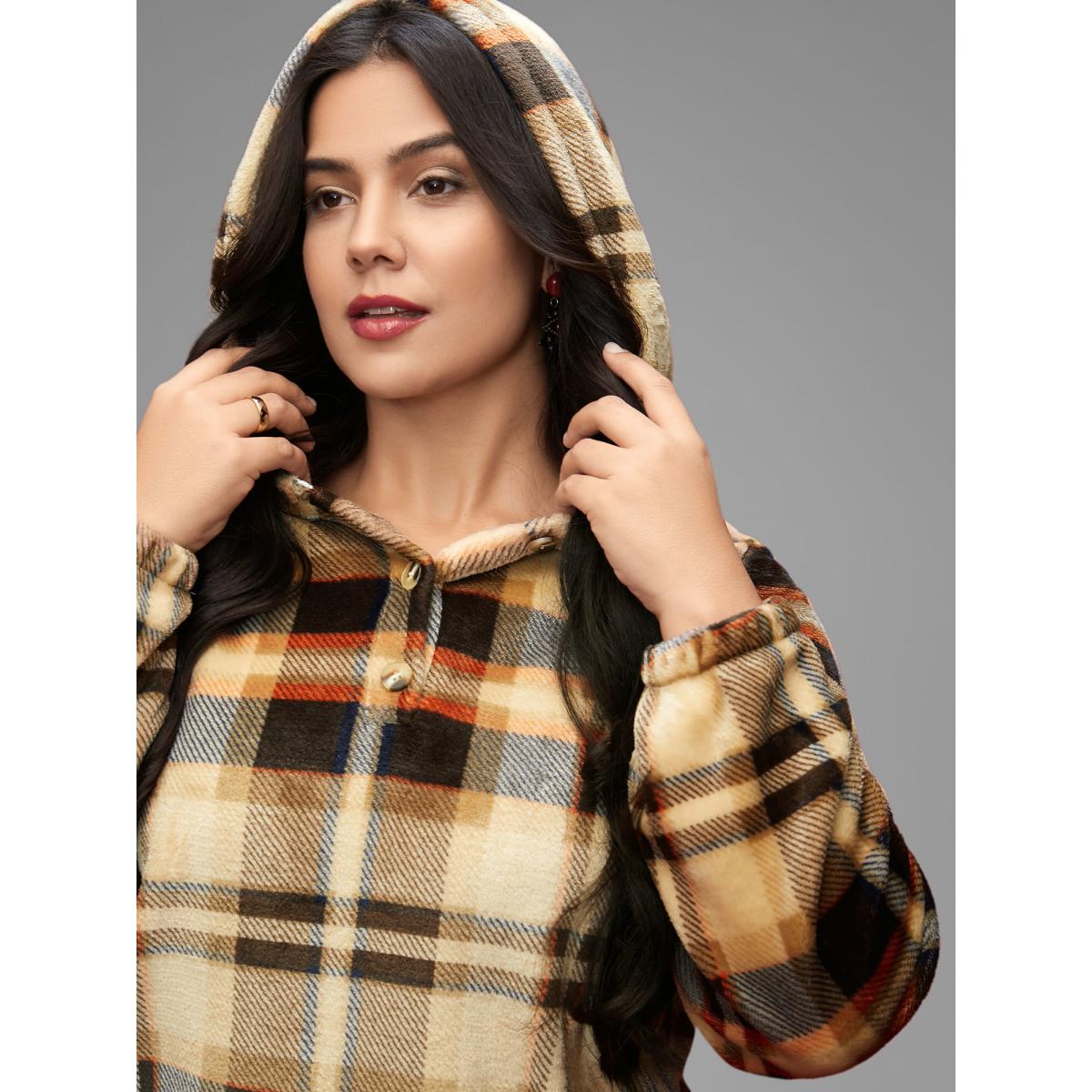 Plus Size Fuzzy Pullover Plaid Hoodie Women Multicolor Casual Button Loose Hooded Everyday Sweatshirts BloomChic 30/6X Product Image
