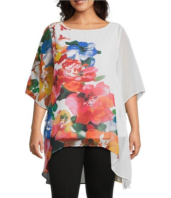 Slim Factor by Investments Plus Size Fragrant Floral Print Boat Neck 3/4 Sleeve Lined Tunic Product Image