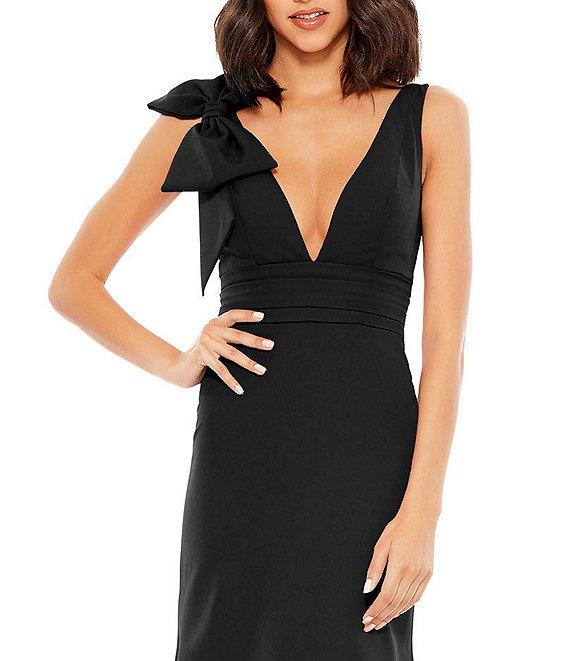 Ieena for Mac Duggal Plunging V-Neck Bow Shoulder Sleeveless Low Back Detail A-line Dress Product Image