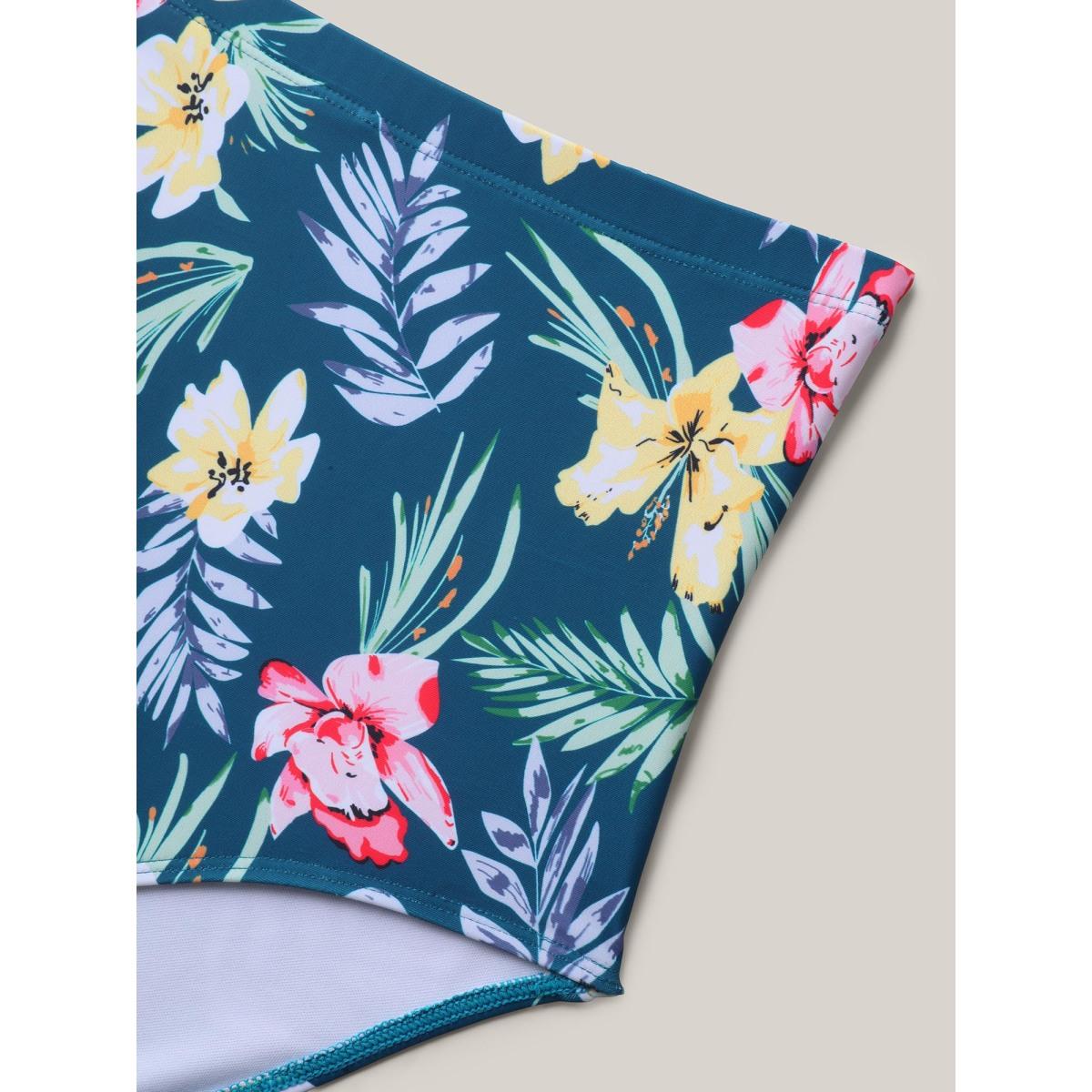 Plus Size Tropical Floral Print Twist Front Swim Dress Women's Swimwear Cyan Beach Bodycon Heart neckline High stretch Curve Swim Dresses BloomChic 28/5X Product Image