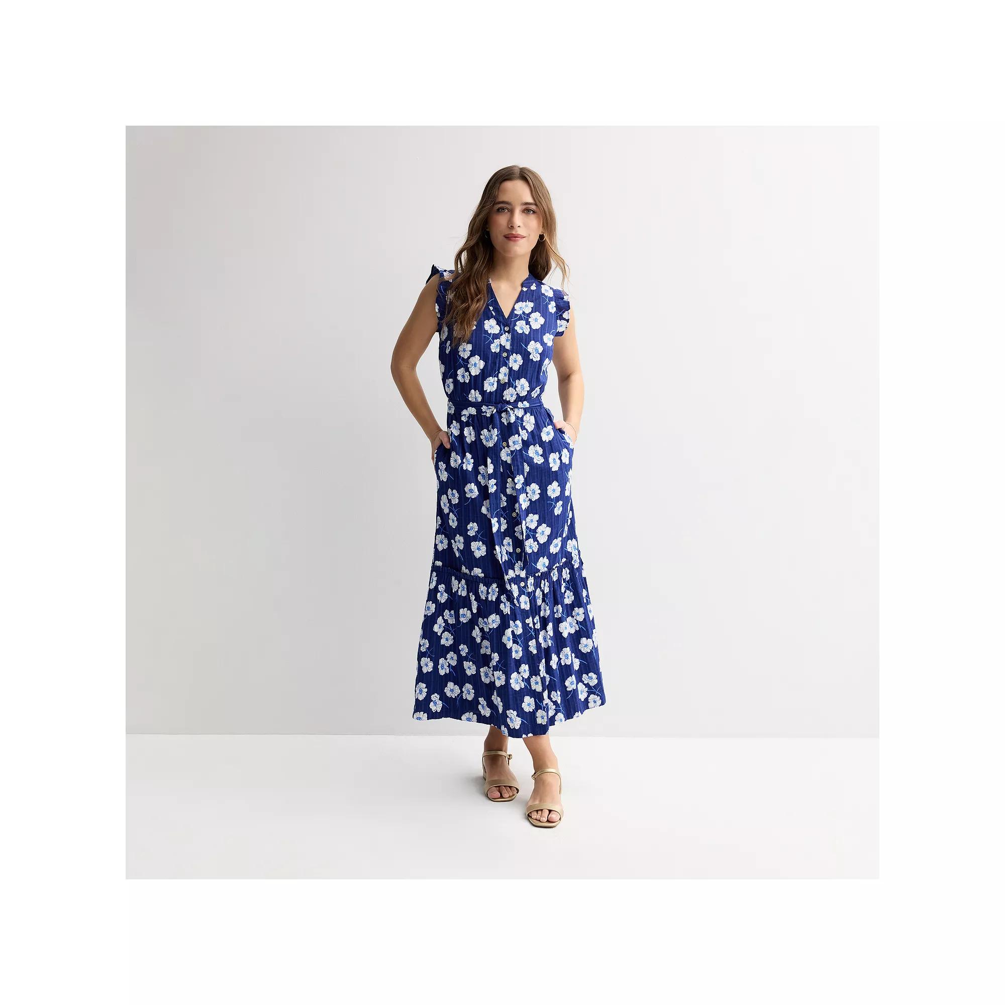 Women's Draper James Flutter Sleeve Tie Waist Maxi Dress, Size: Small, Blue Print Product Image