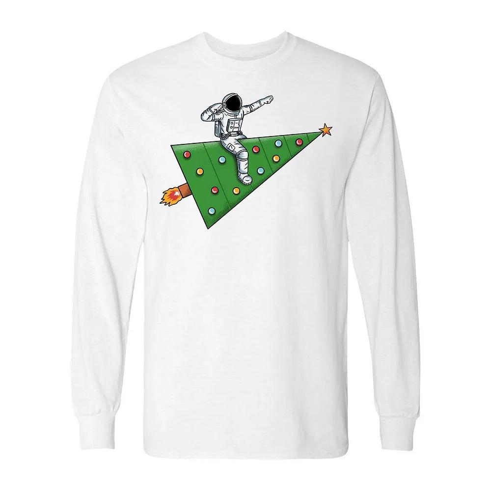 Men's Space Rocket Christmas Long Sleeve Graphic Tee, Size: Small, White Product Image