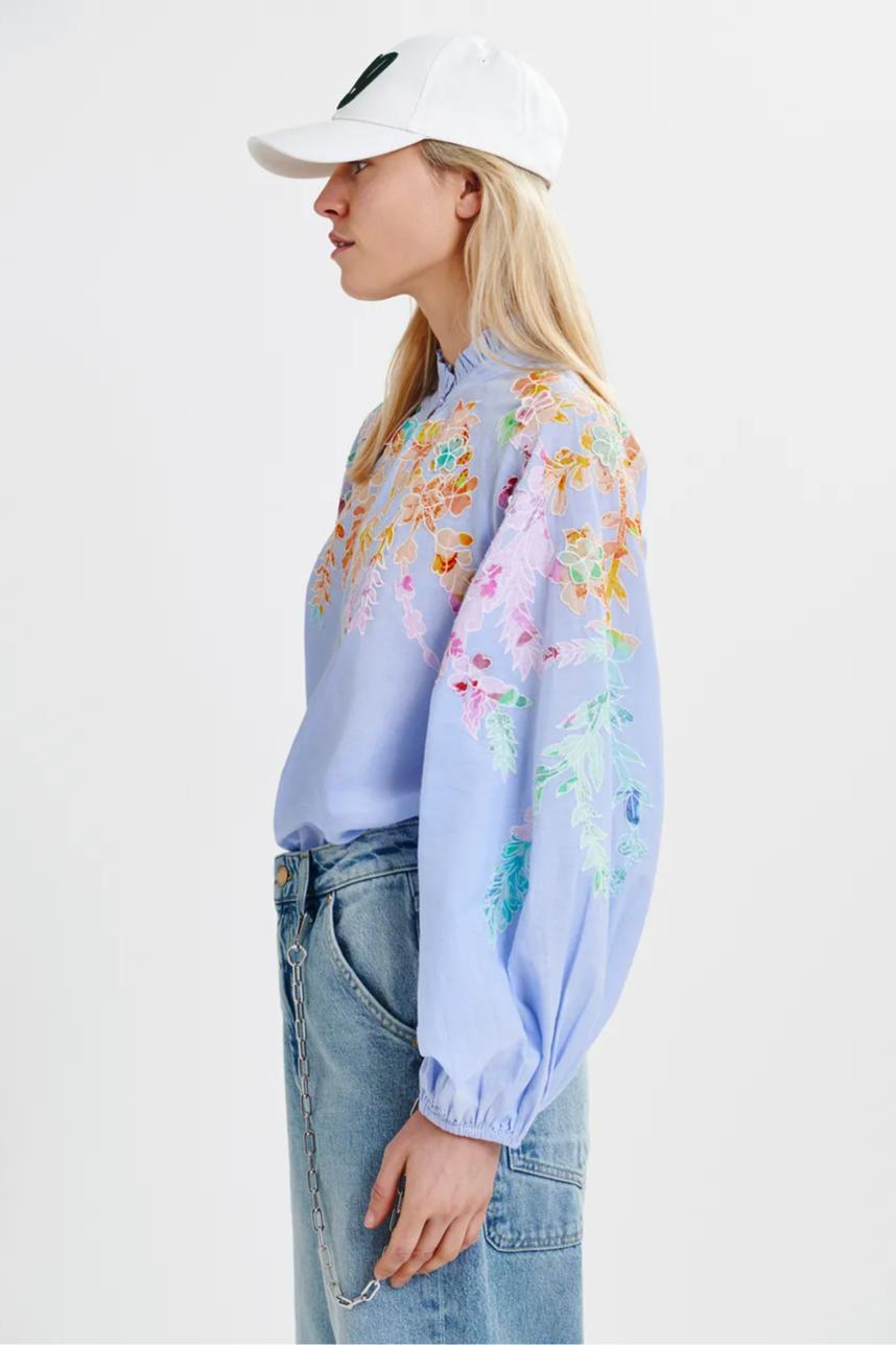 Light blue cotton top with floral embroidery and mandarin collar Product Image