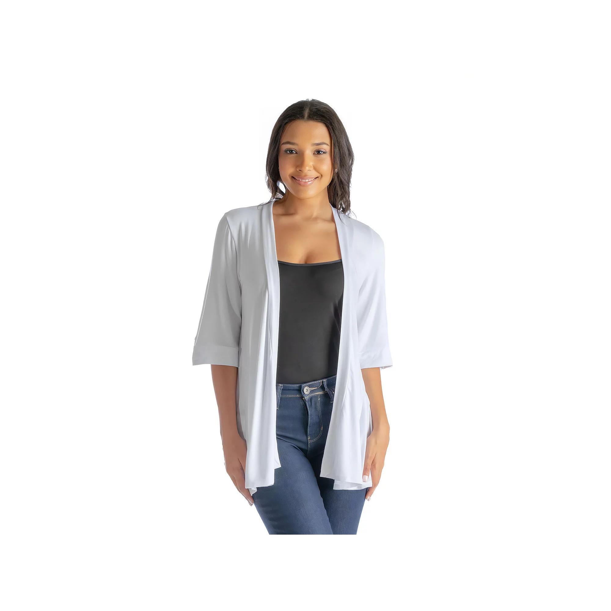 Women's 24Seven Comfort Apparel Open Front Elbow Length Sleeve Cardigan, Size: Medium, White Product Image