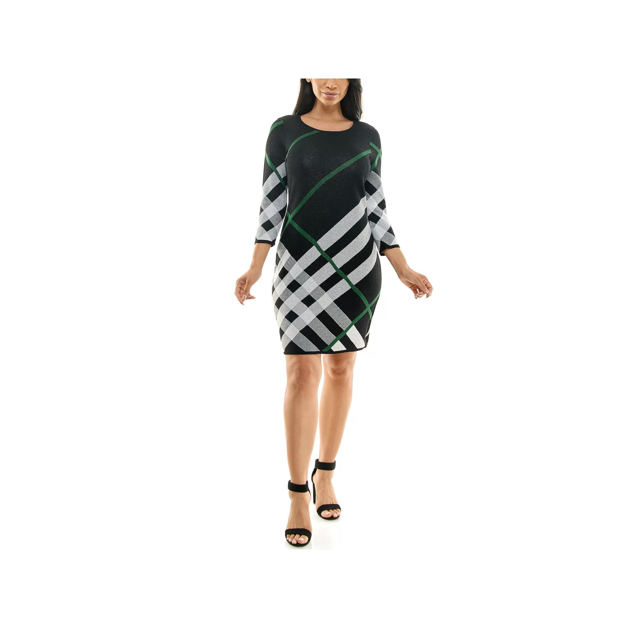 Women's Nina Leonard Oversize Plaid Sweater Dress, Size: Large, Black Jewel Green Whit Product Image
