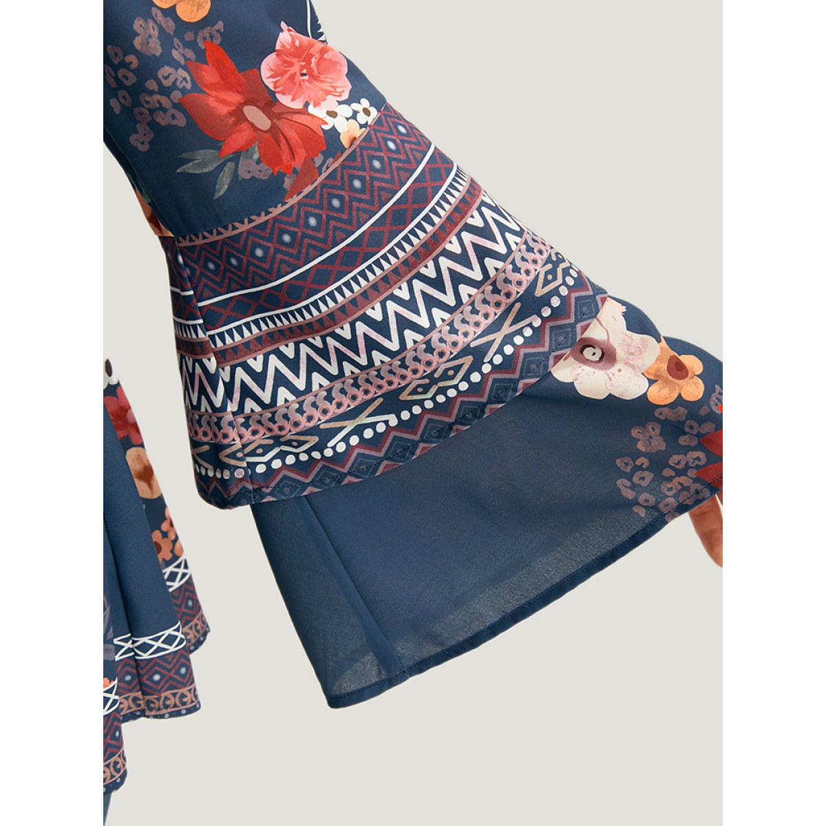 Plus Size Stone Boho Print V Neck Elastic Waist Bell Sleeve Blouse Women Vacation Long Sleeve V-neck Vacation Blouses BloomChic 28/5X Product Image