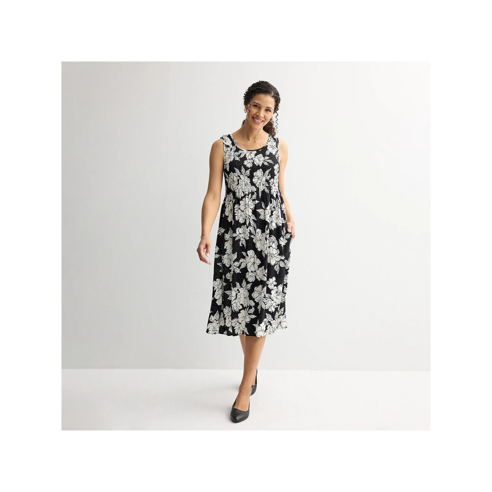 Petite Croft & Barrow® Smocked Midi Dress, Women's, Size: XS Petite, Black Line Floral Product Image