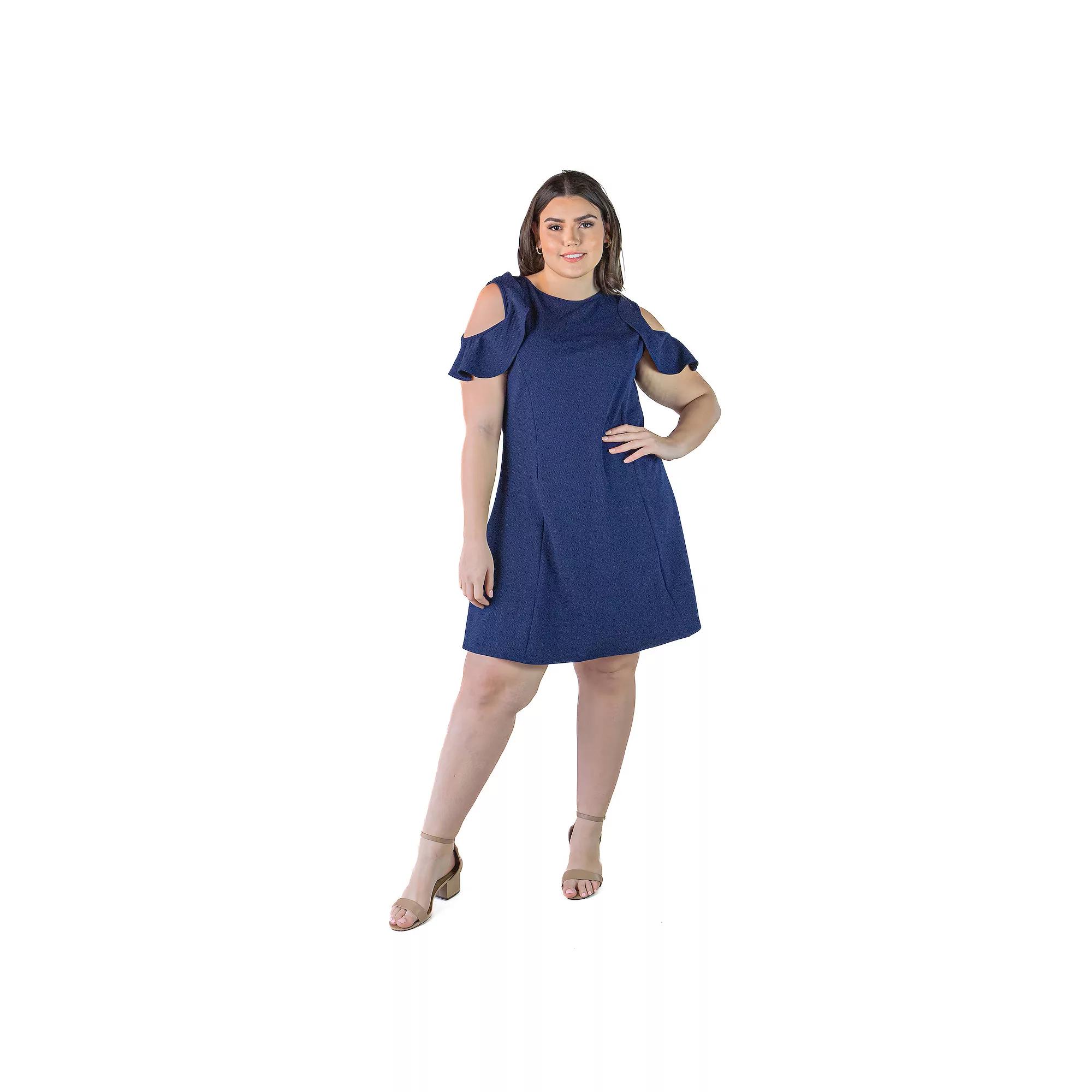 Plus Size 24Seven Comfort Apparel Ruffle Cold Shoulder A-Line Dress, Women's, Size: 2XL, Blue Product Image