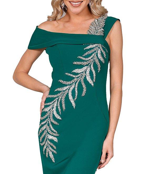 Terani Couture Off-the-Shoulder Short Sleeve Side Slit Cascading Leaf Bead Mermaid Gown Product Image