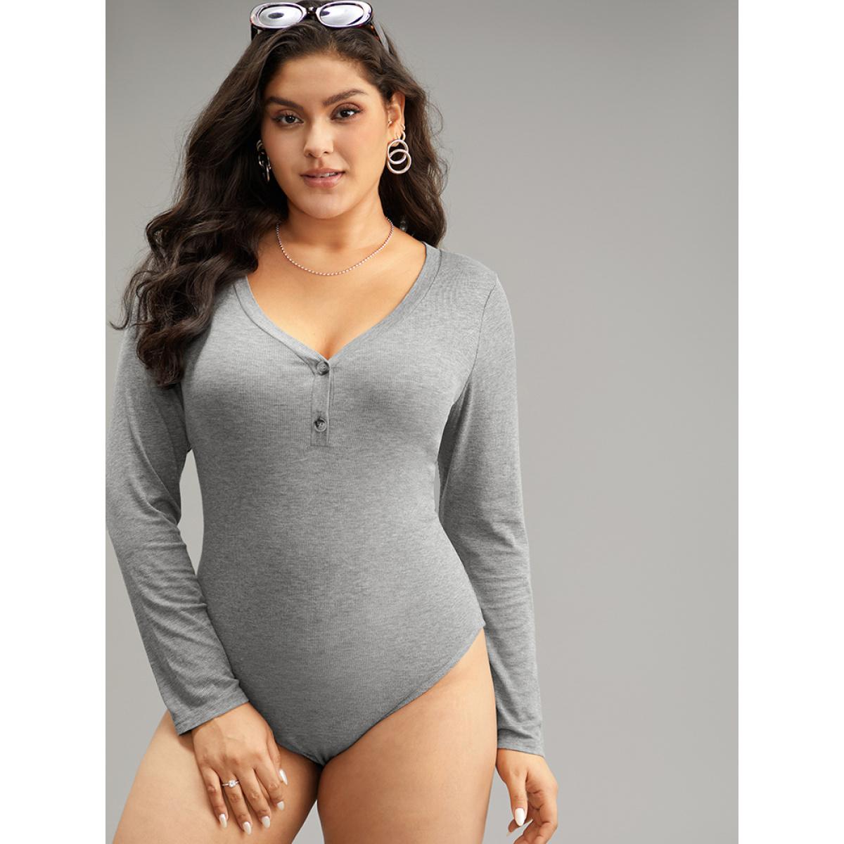 Plus Size Supersoft Essentials Rib Knit Button Up Bodysuit Women Gray Plain Plain Bodysuits BloomChic 26/4X Product Image