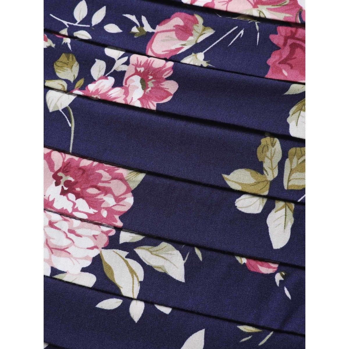 Plus Size Rosy Print Pleated Bust Ease Midi Dress Indigo Women Gathered Square Neck Short sleeve Curvy BloomChic 14-16/1X Product Image