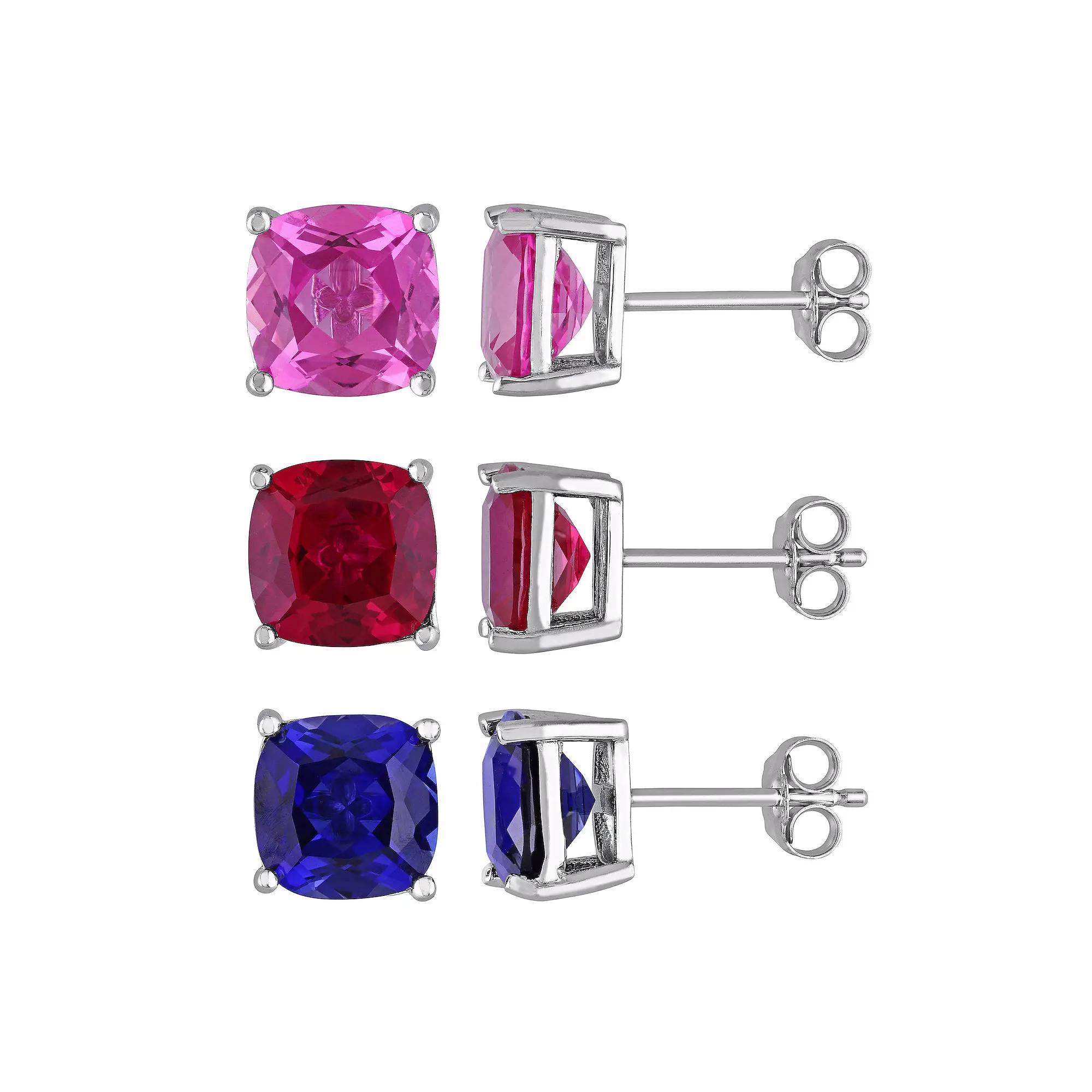 Stella Grace Sterling Silver Lab-Created Ruby, Lab-Created Blue & Pink Sapphire 3-Piece Stud Earring Set, Women's Product Image