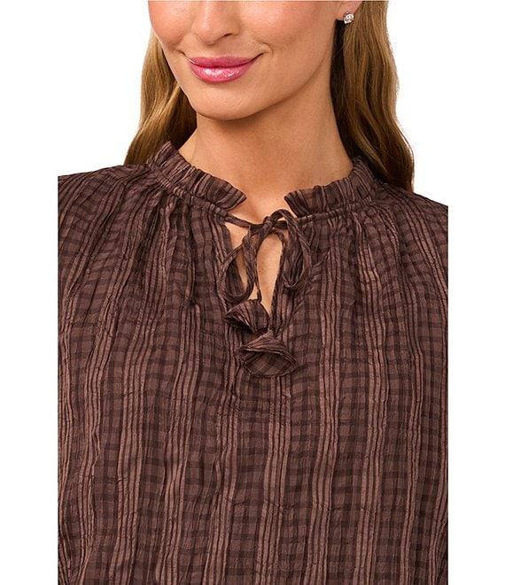 CeCe Woven Round Neck Smocked Cuff Ruffle Trim Blouse Product Image