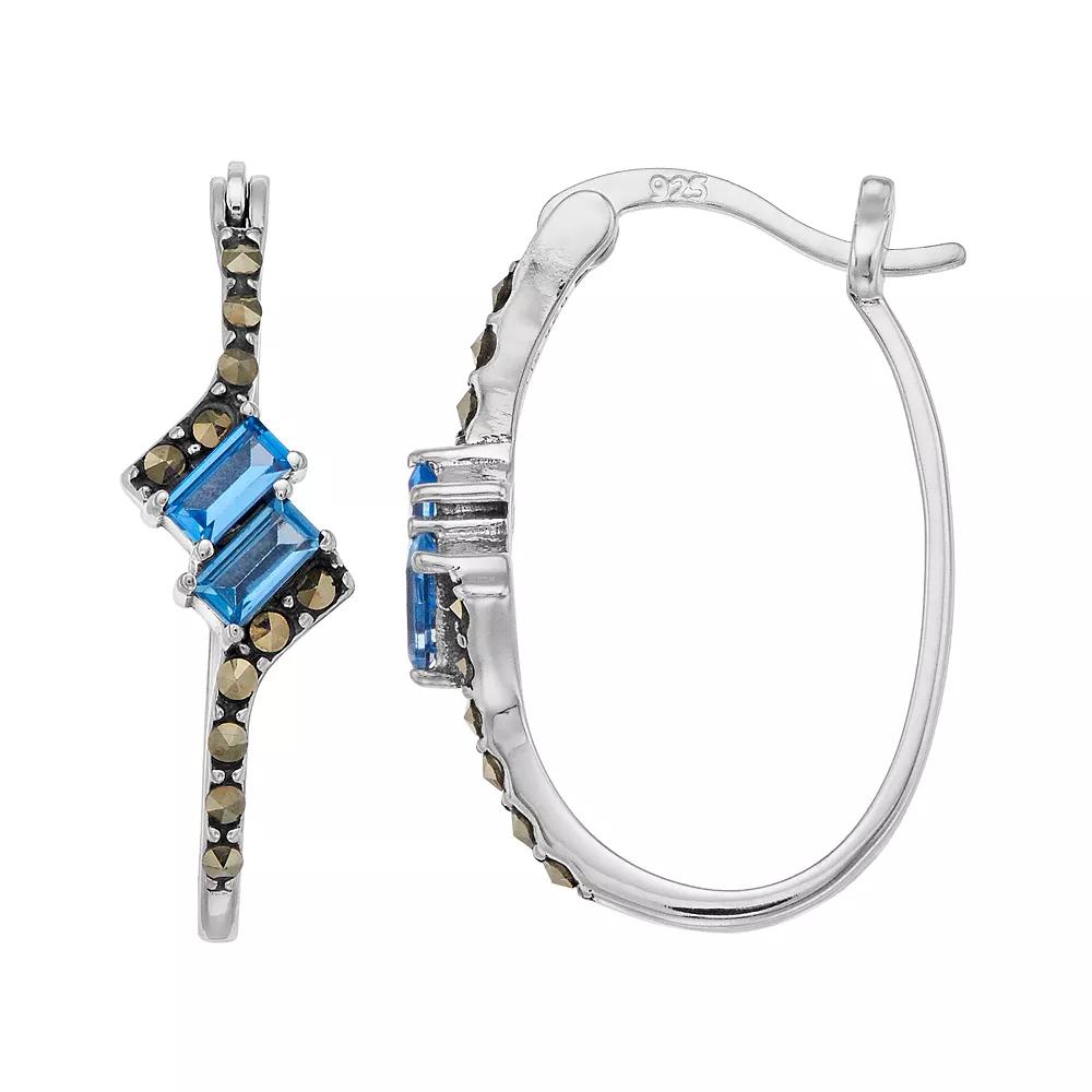 Tori Hill Sterling Silver Marcasite & Blue Glass Oval Hoop Drop Earrings, Women's Product Image