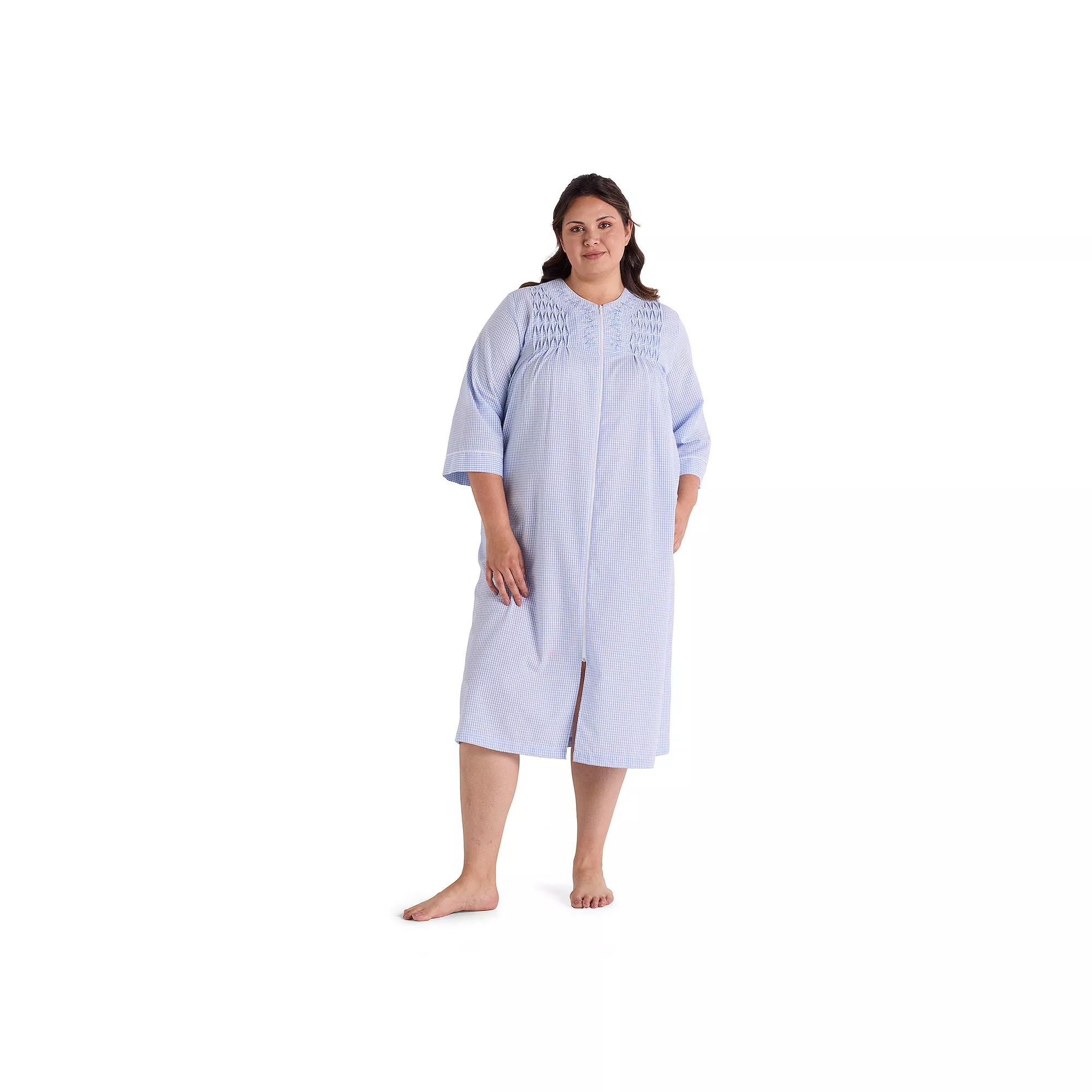 Plus Size Miss Elaine Essentials Seersucker Long Zip Robe, Women's, Size: 1XL, Blue White Check Product Image