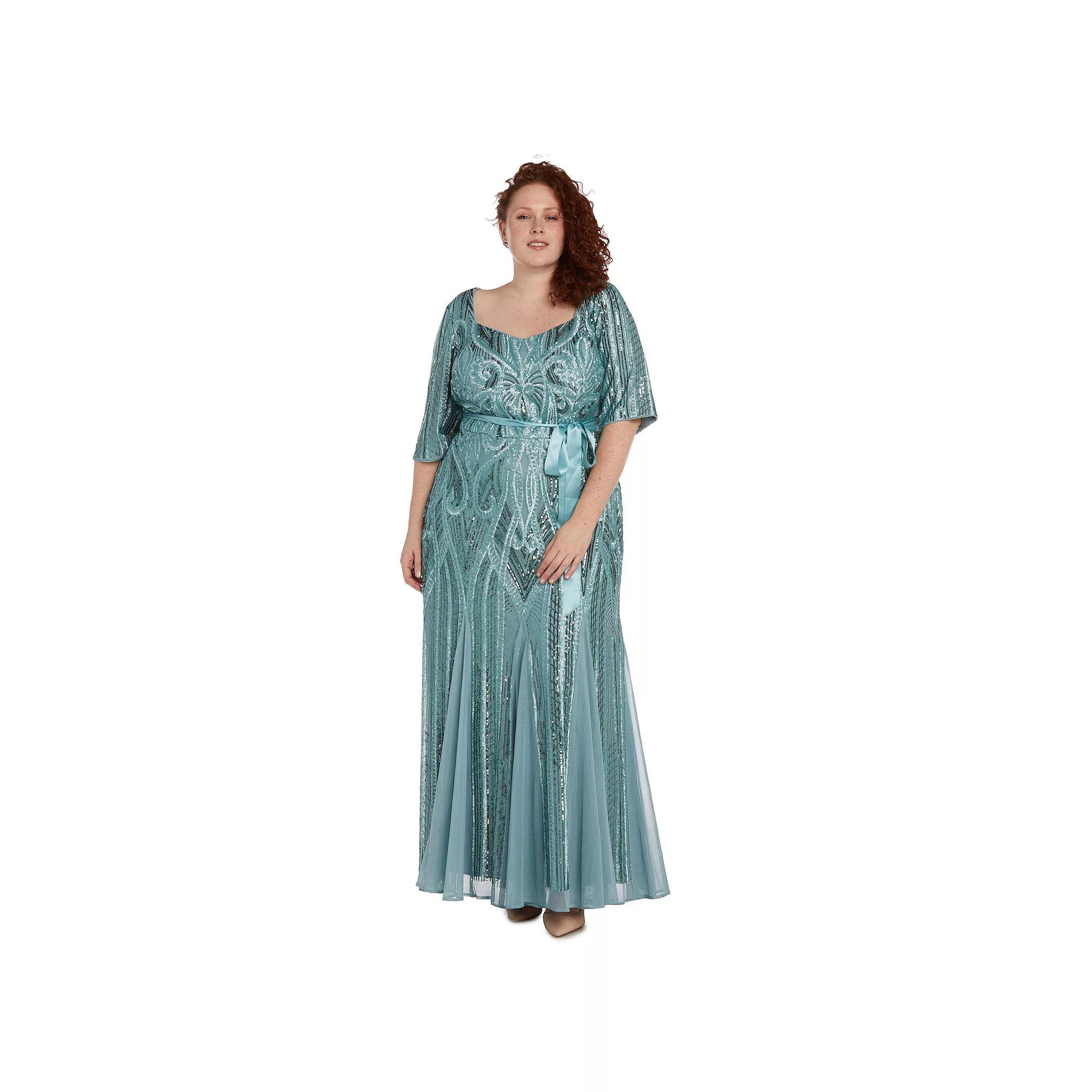 Plus Size R&M Richards Sweetheart Neckline Floral Sequin Paneled Maxi Godet Dress, Women's, Size: 20 W, Seafoam Product Image
