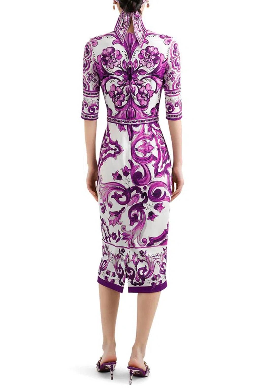 DOLCE & GABBANA Violet Crewneck Dress With Rear Zip Closure And All-over Floral Print In Silk Stretch Woman In Purple Product Image