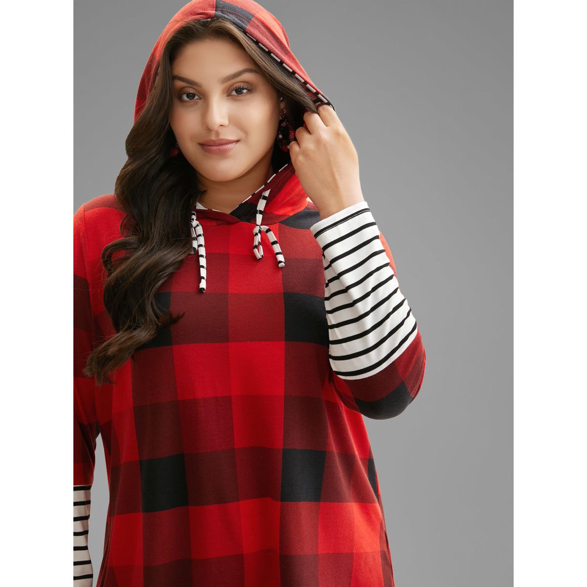 Plus Size Plaid Hooded Drawstring Straight Fit Tee Brightred Women Casual Contrast Hooded Everyday T-shirts BloomChic 10/M Product Image