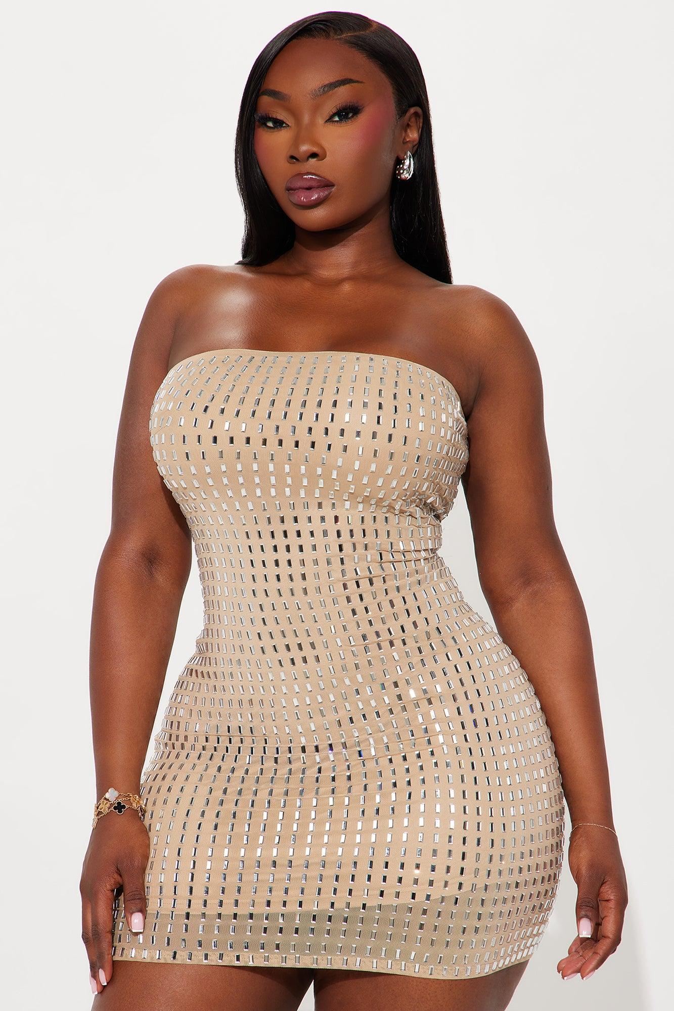 Glitz And Glam Rhinestone Mini Dress - Nude Female Product Image