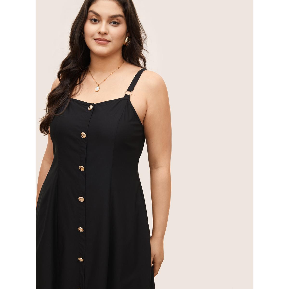 Plus Size Plain Adjustable Straps Metal Detail Pocket Dress Black Women At the Office Non Non Sleeveless Curvy Midi Dress BloomChic 28/5X Product Image