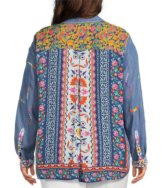 John Mark Plus Size Embroidered Floral Printed Point Collar Long Roll-Tab Sleeve Button Front Top Product Image
