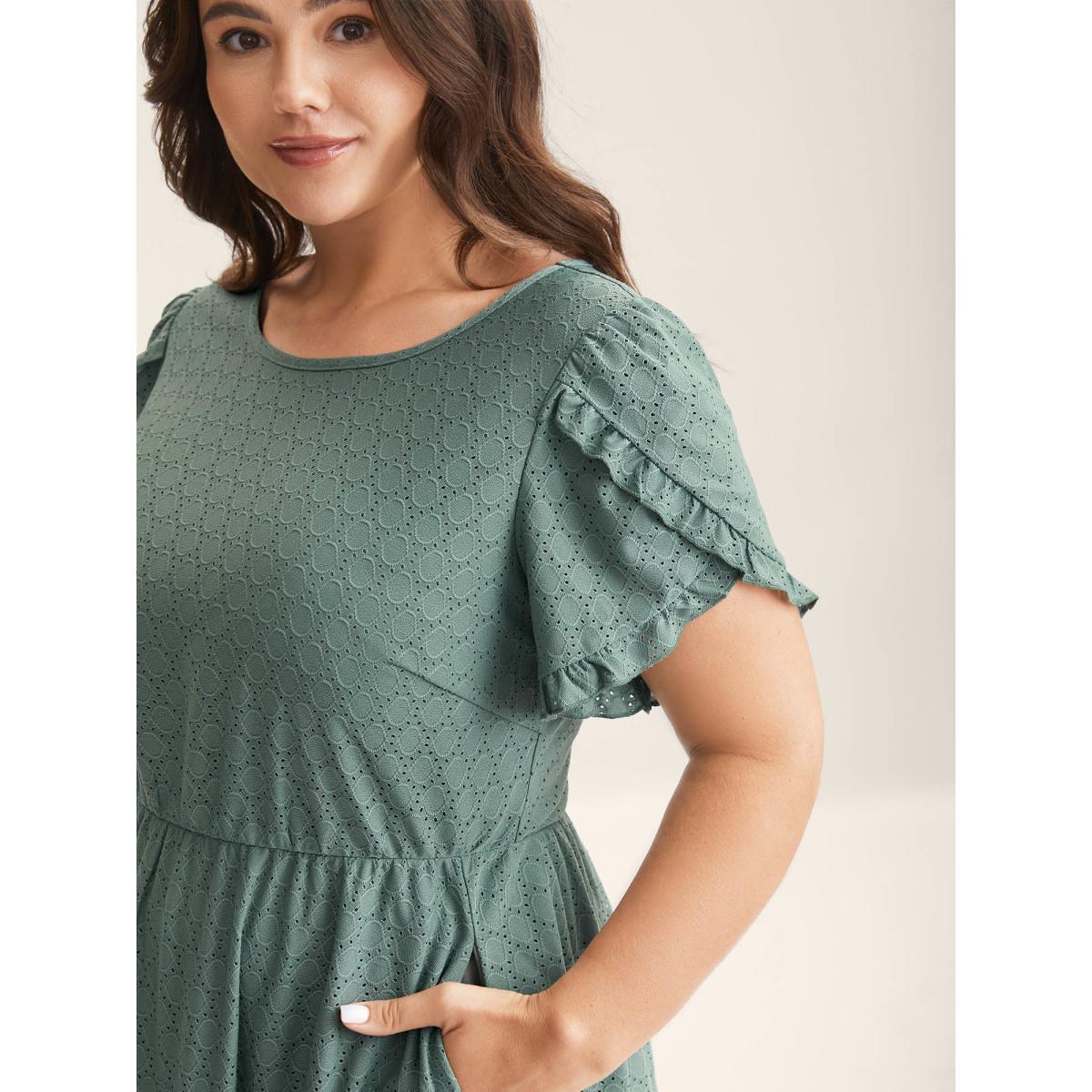 Plus Size Textured Petal Sleeve Pockets Midi Dress DarkGreen Women Leisure Knit Dresses Bloomchic 30/6X Product Image