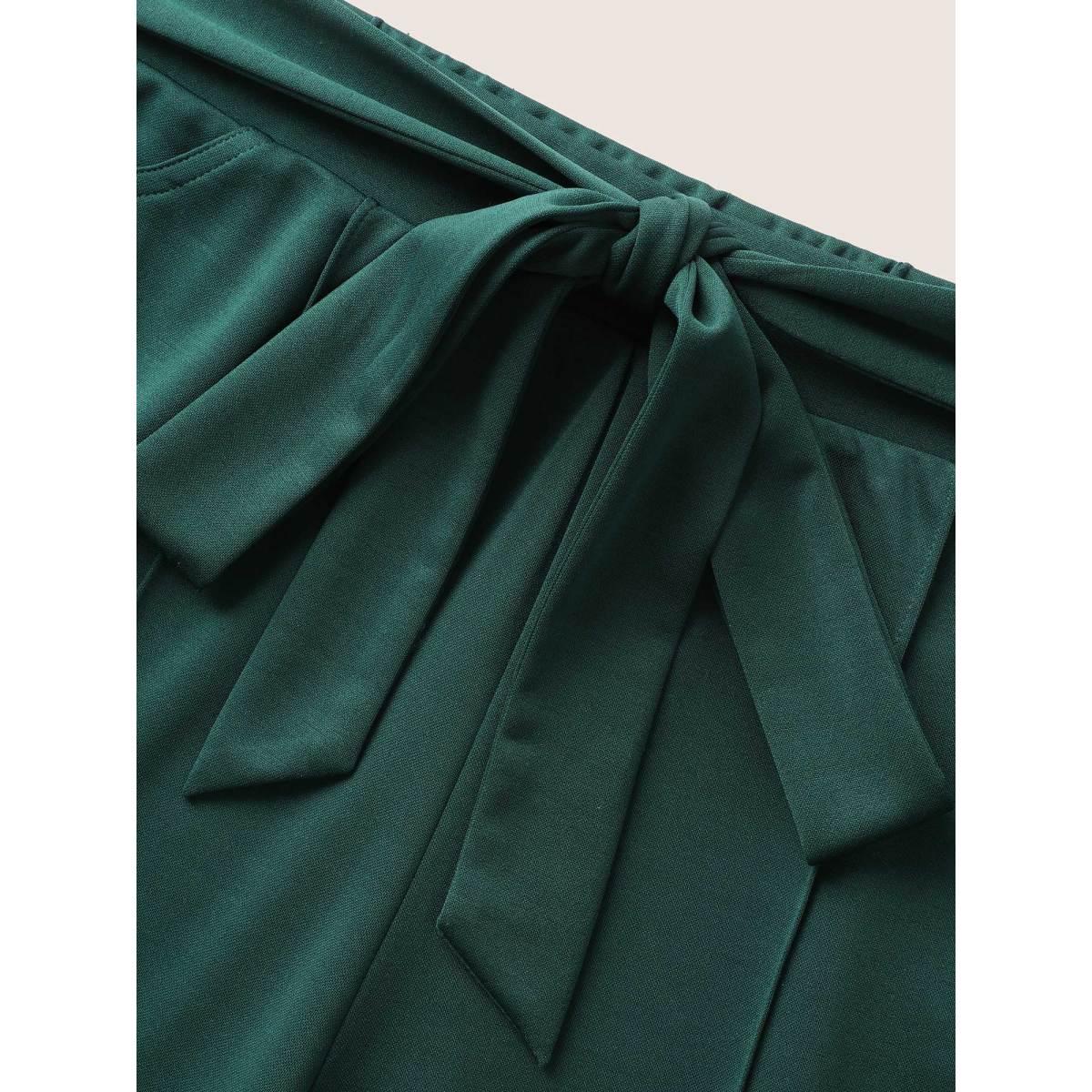 Plus Size Plain Tie Knot Mid Rise Bootcut Pants Women DarkGreen Elegant Bootcut Mid Rise Everyday Pants BloomChic 12/L Product Image