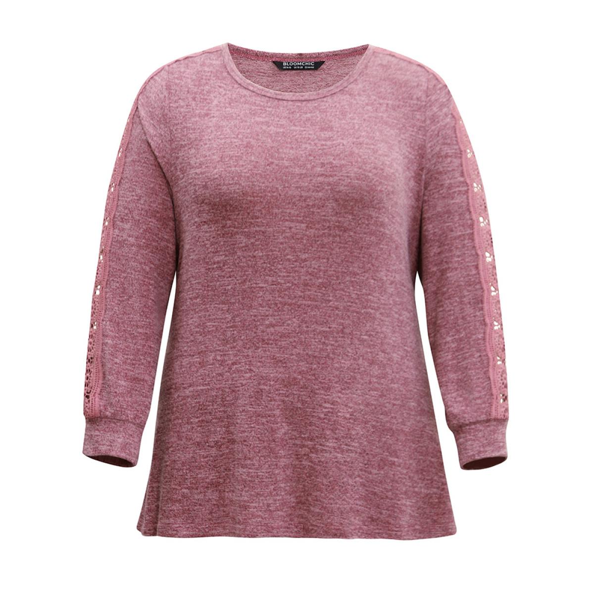 Plus Size Plain Contrast Lace Crew Neck T-shirt DustyPink Women Casual Plain Plain Round Neck Dailywear T-shirts BloomChic 12/L Product Image