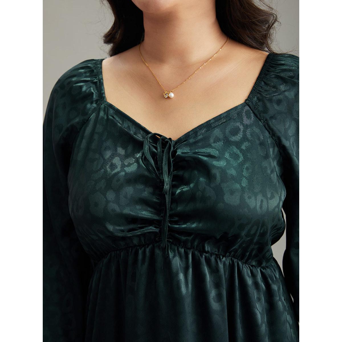 Plus Size Leopard Square Neck Elastic Waist Ties Dress Cyan Women Glamour Elastic cuffs Square Neck Long Sleeve Curvy Midi Dress BloomChic 26/4X Product Image