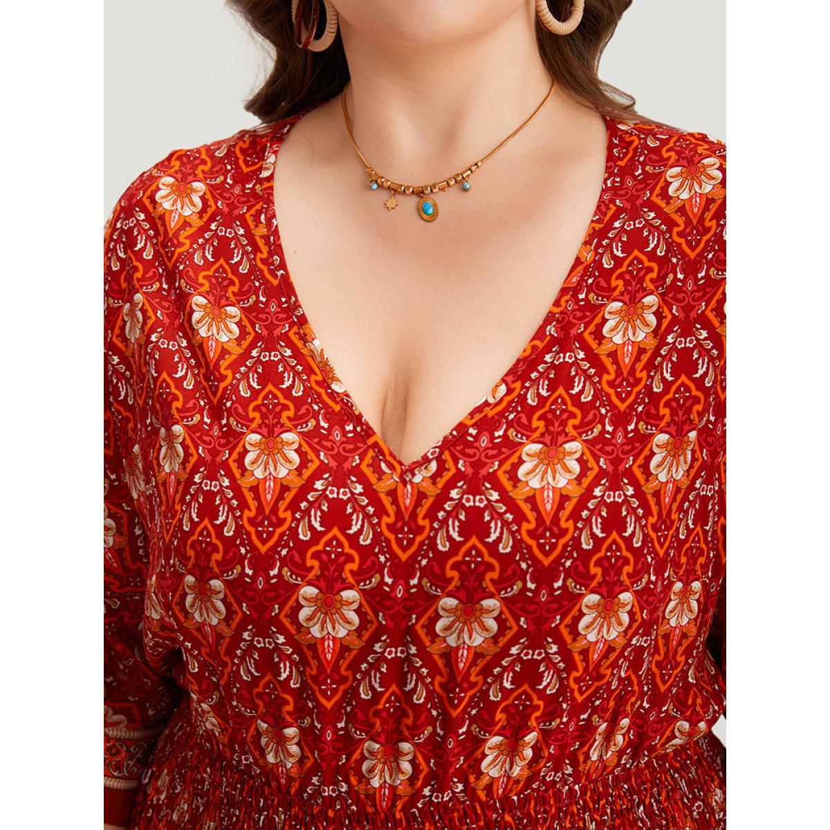 Plus Size Bandana Print Batwing Sleeve Shirred Dress Crimson Women Vacation Printed V-neck Half Sleeve Curvy Midi Dress BloomChic 22-24/3X Product Image