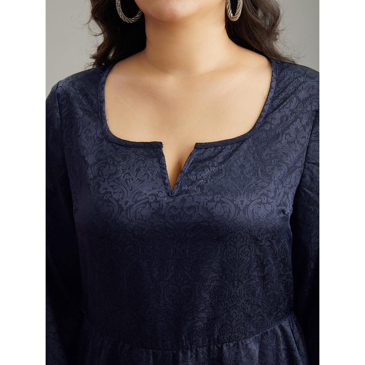 Plus Size Plain Textured Notched Lantern Sleeve Dress Indigo Women Glamour Elastic cuffs Notched collar Long Sleeve Curvy Knee Dress BloomChic 14-16/1X Product Image