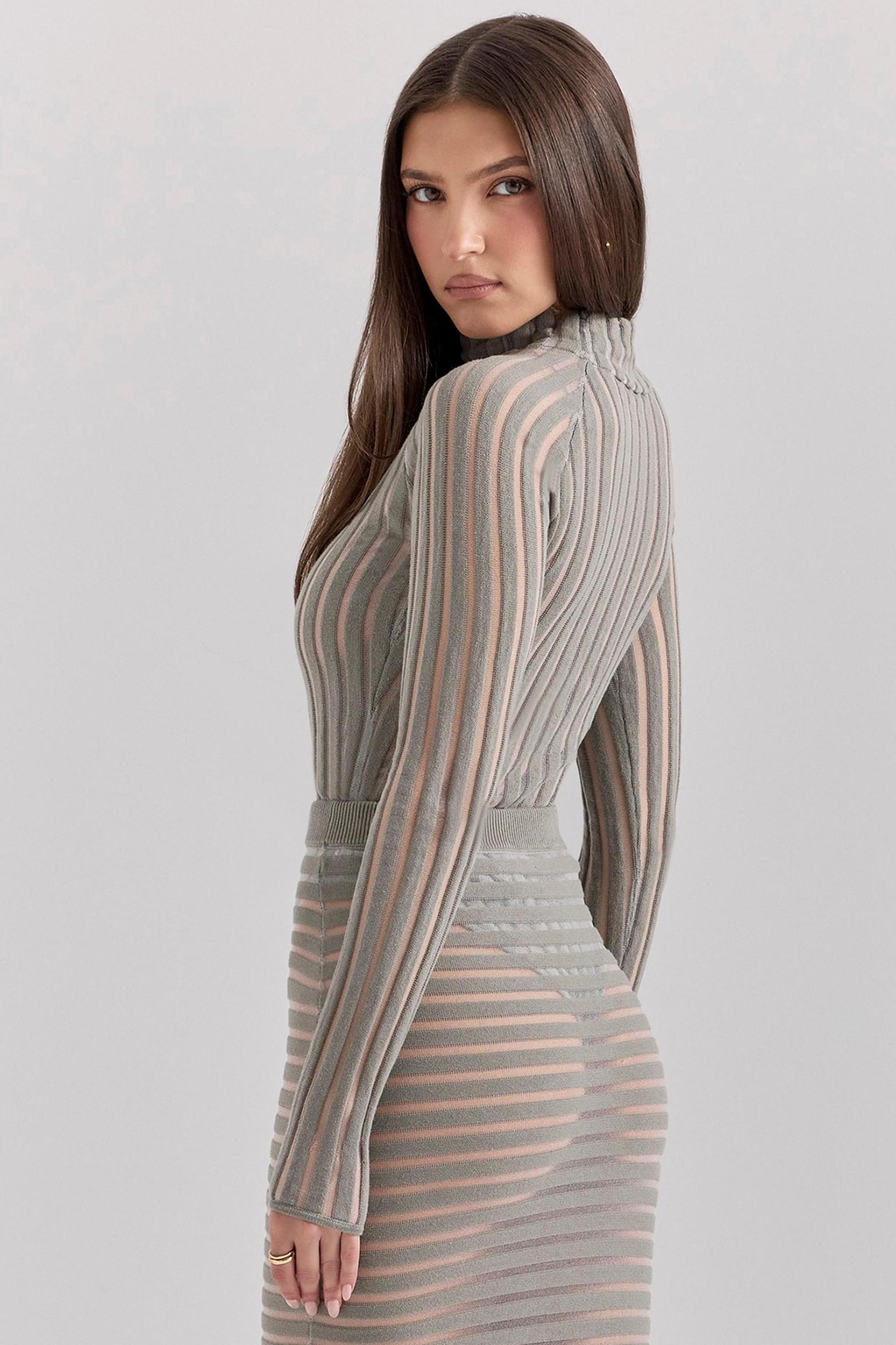 Rowena  grey velour sheer striped bodysuit Product Image