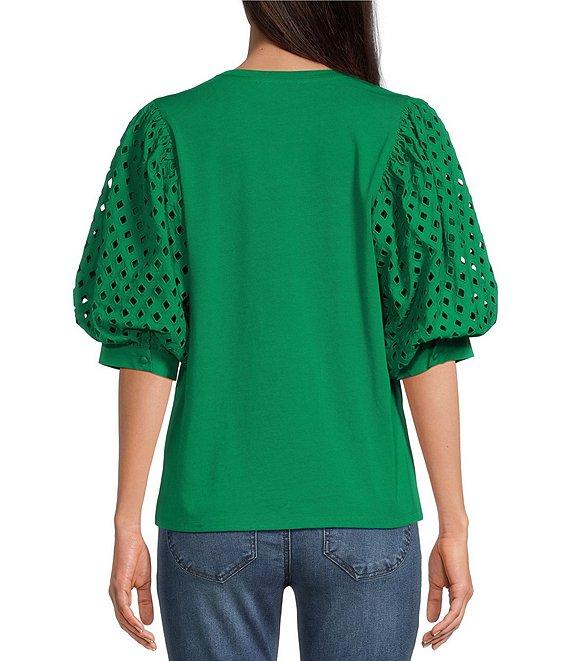 Gibson & Latimer Knit Contrast Eyelet Crew Neck Short 3/4 Balloon Sleeve Top Product Image
