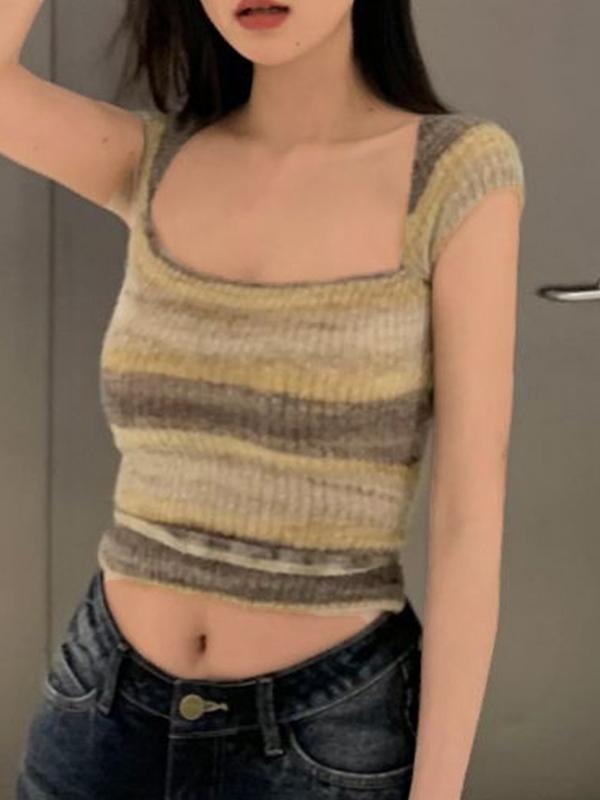 Contrast Color Stripped Square Neck Knit Top Product Image