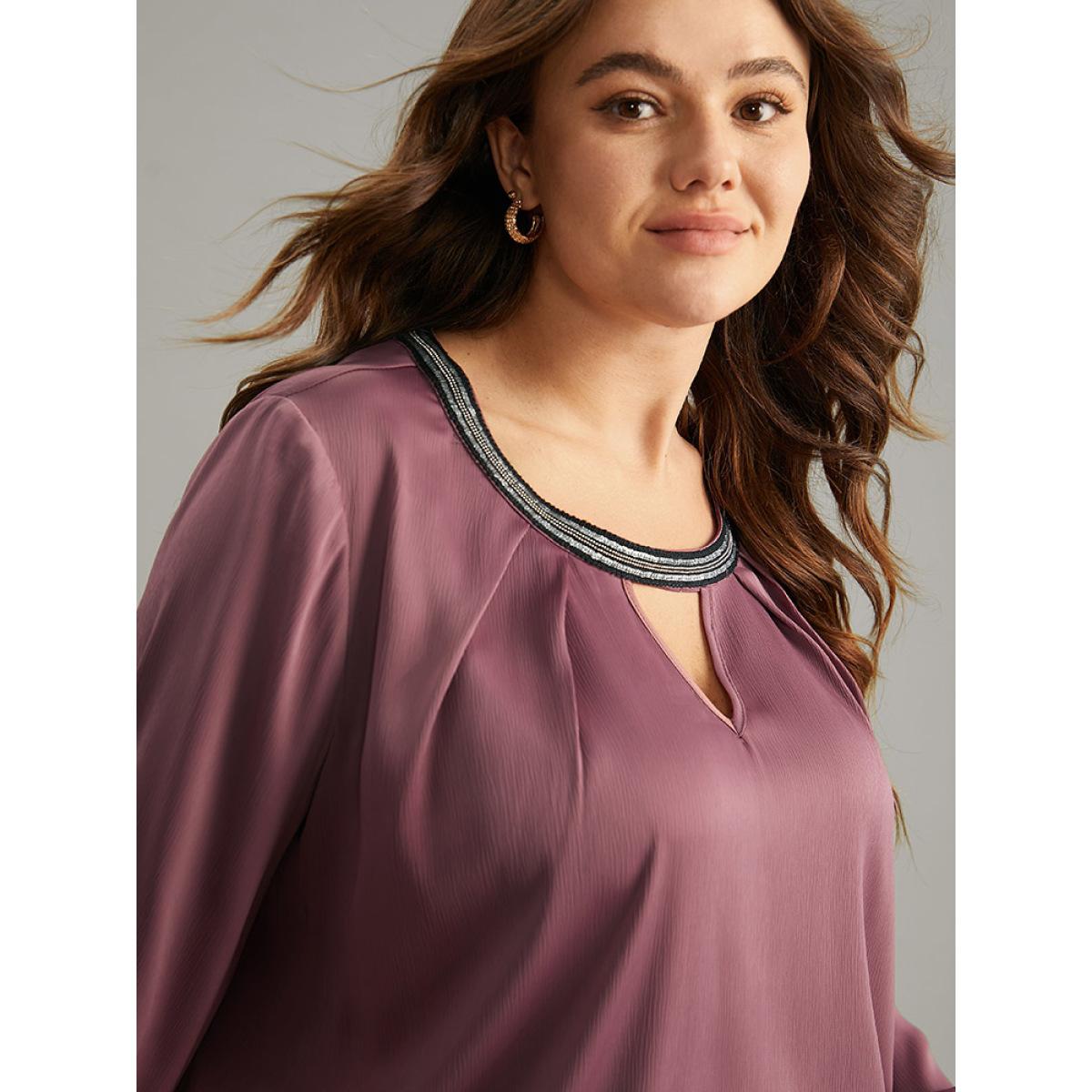 Plus Size DustyPink Static-Free Keyhole Pleated Contrast Webbing Blouse Women Office Long Sleeve Keyhole Cut-Out Office Blouses BloomChic 28/5X Product Image