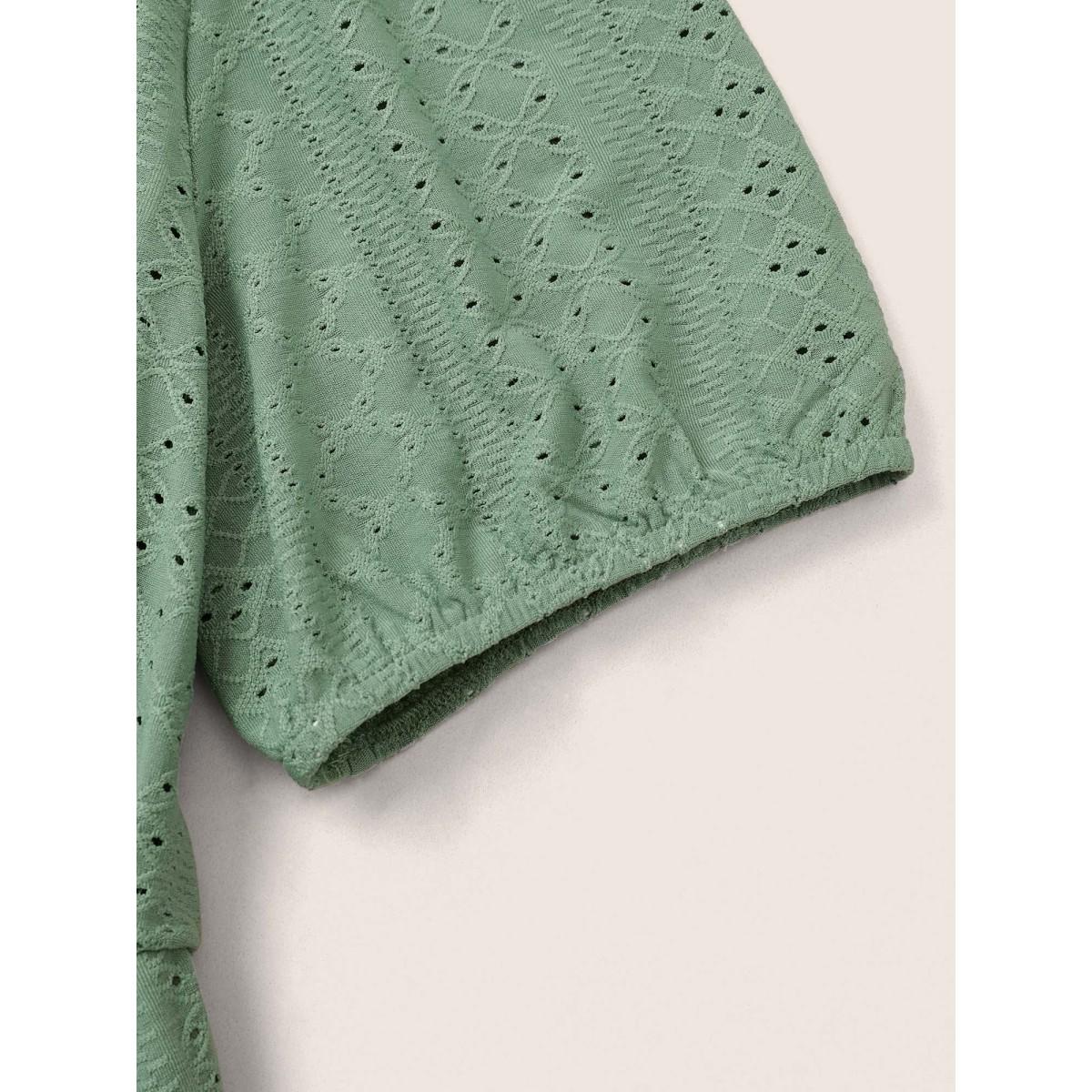 Plus Size Solid Hollow Out Button Detail Elastic Waist Dress Mint Women Elegant Non V-neck Short sleeve Curvy Midi Dress BloomChic 14-16/1X Product Image