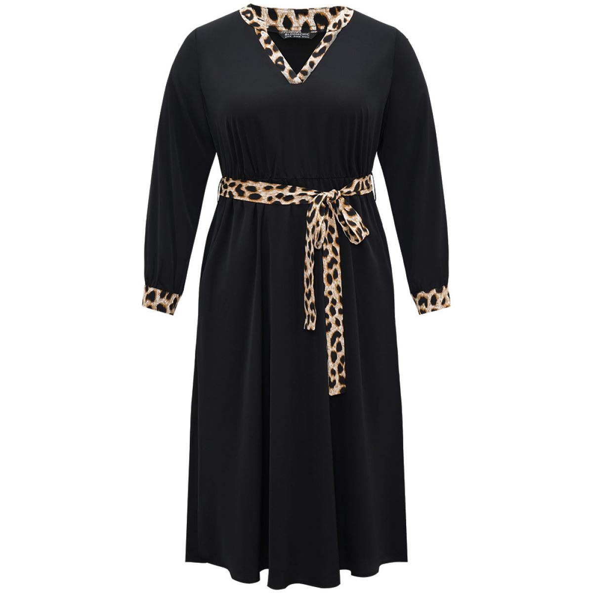 Plus Size Leopard Patchwork Pocket Belted Notched Dress Black Women Office Patchwork Notched collar Long Sleeve Curvy Midi Dress BloomChic 18-20/2X Product Image