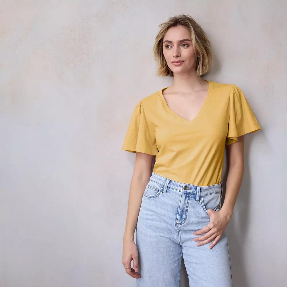 Women's LC Lauren Conrad V-Neck Flutter Sleeve Top, Size: XS, Naples Gold Product Image