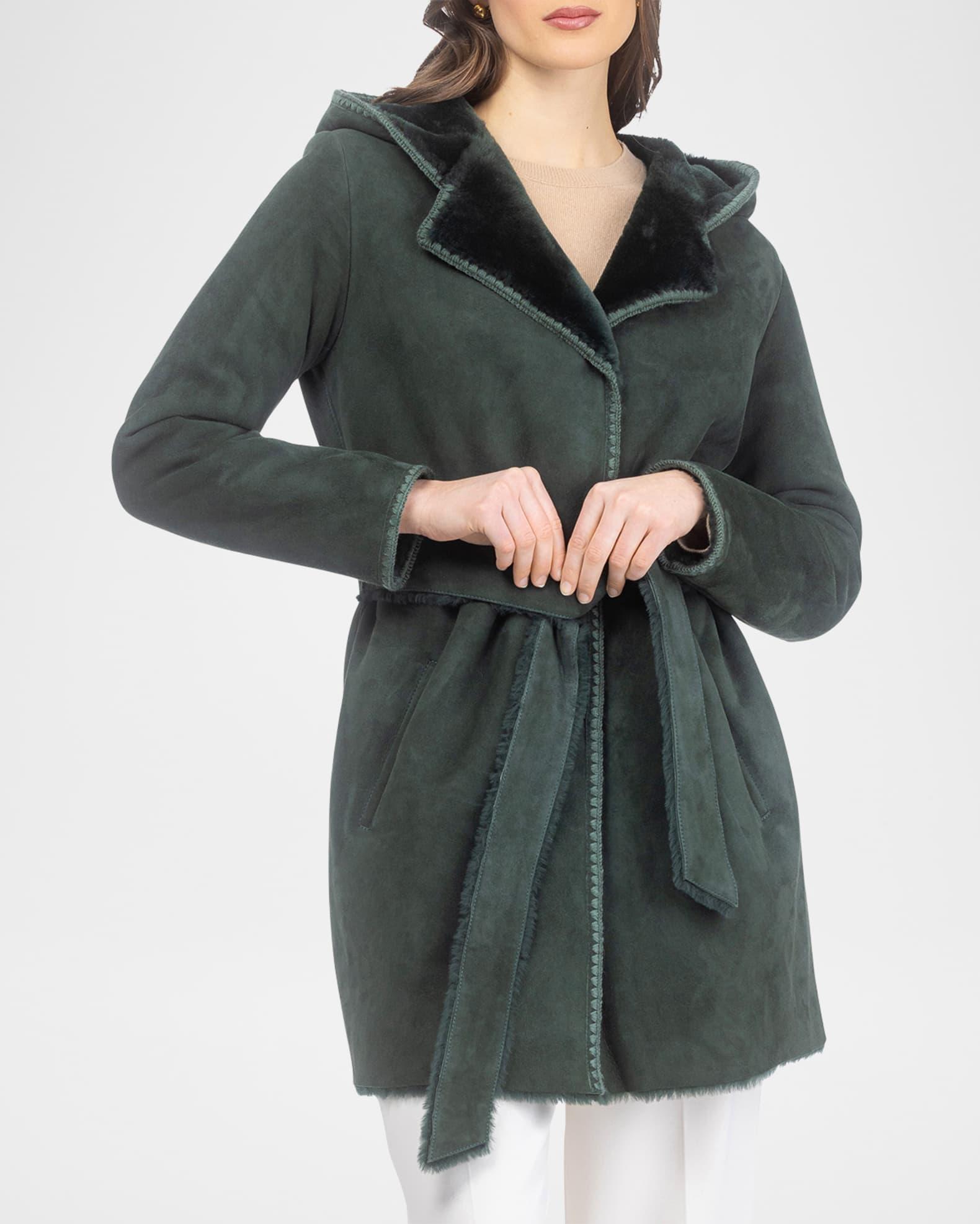 Merino Shearling Lamb Belted Parka With Embroidered Trim Product Image