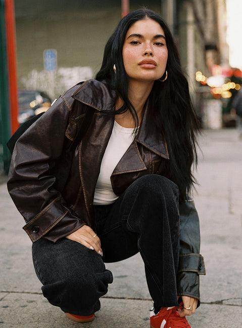 Nicolie Faux Leather Jacket Vintage Washed Brown Product Image