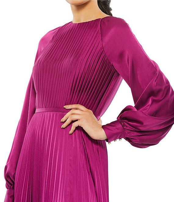 Mac Duggal Crew Neck Long Blouson Cuff Sleeve Pleated High Slit Gown Product Image