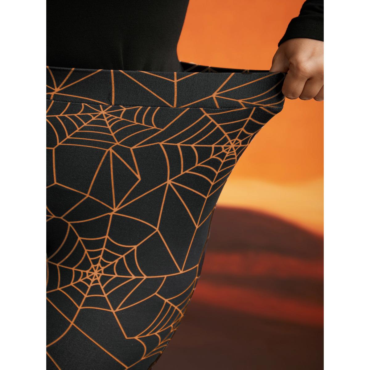 Plus Size Spider Web Printed Slim-Fit Pants Women Brightorange Elegant High stretch Skinny Mid Rise Everyday Leggings BloomChic 30/6X Product Image