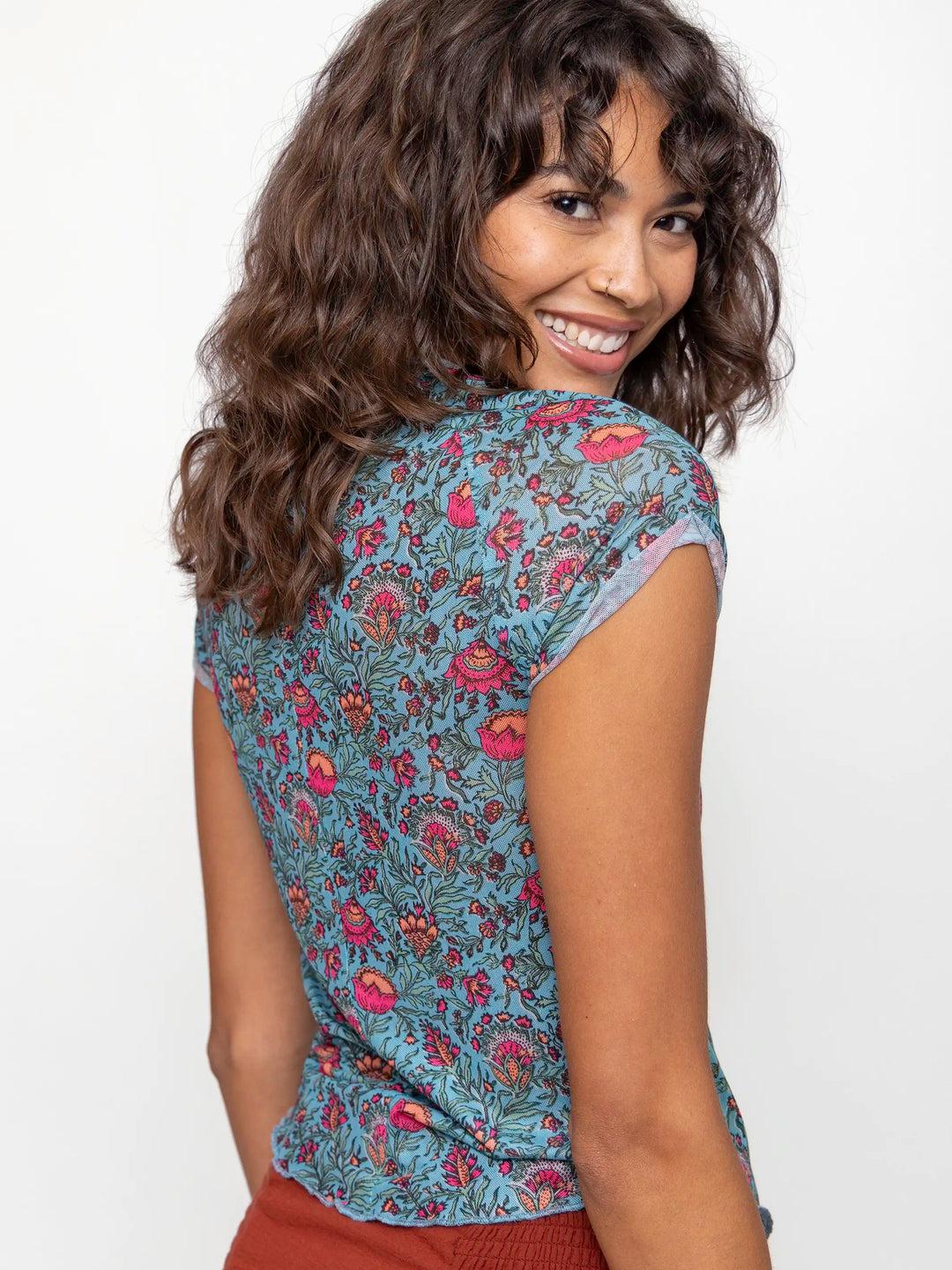 Simone Mesh Tee - Turquoise Pink Fan Floral Product Image