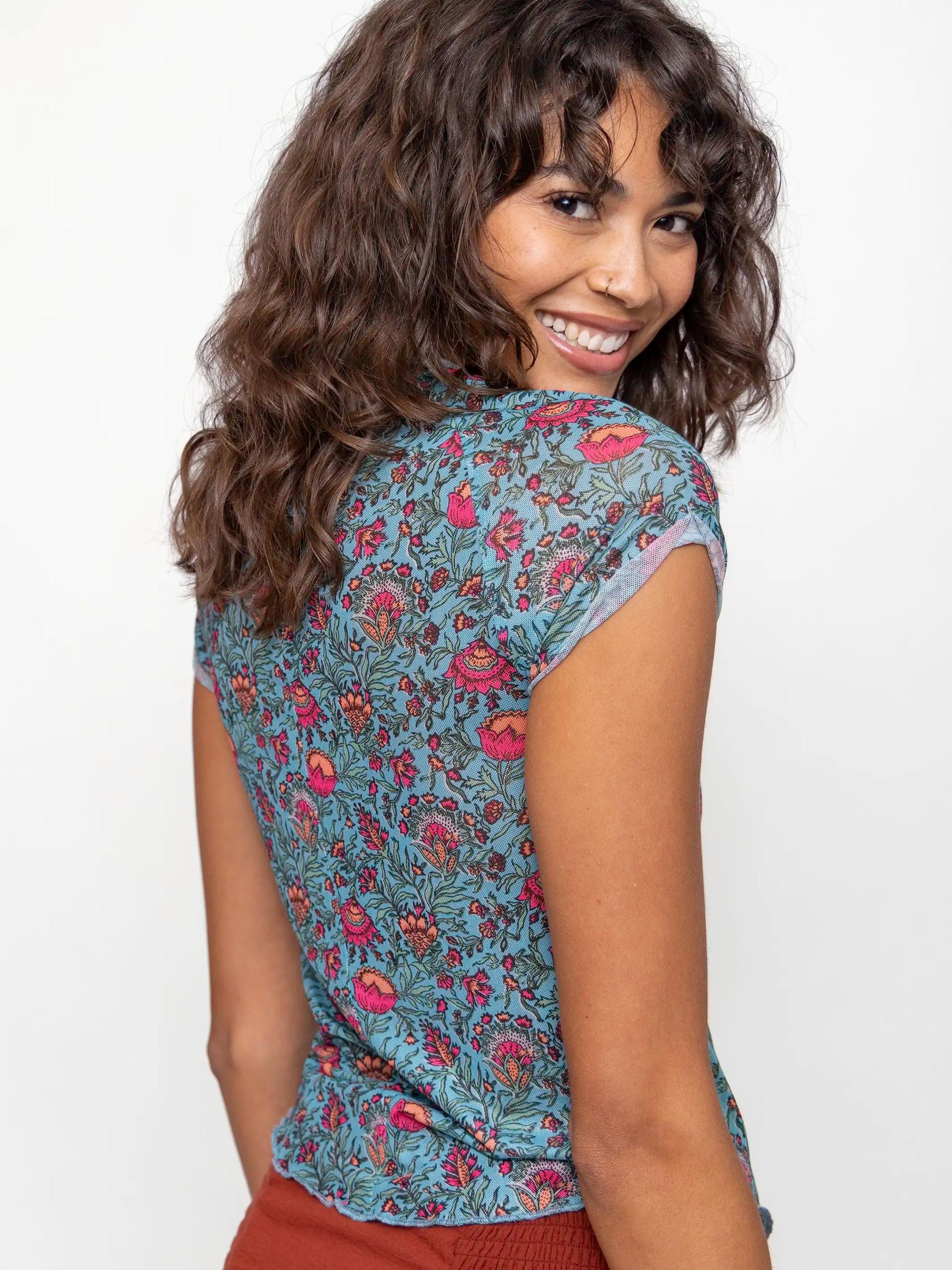 Simone Mesh Tee - Turquoise Pink Fan Floral Product Image