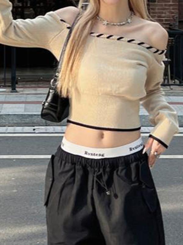 Contrast Trim Off Shoulder Cropped Long Sleeve Knit Product Image
