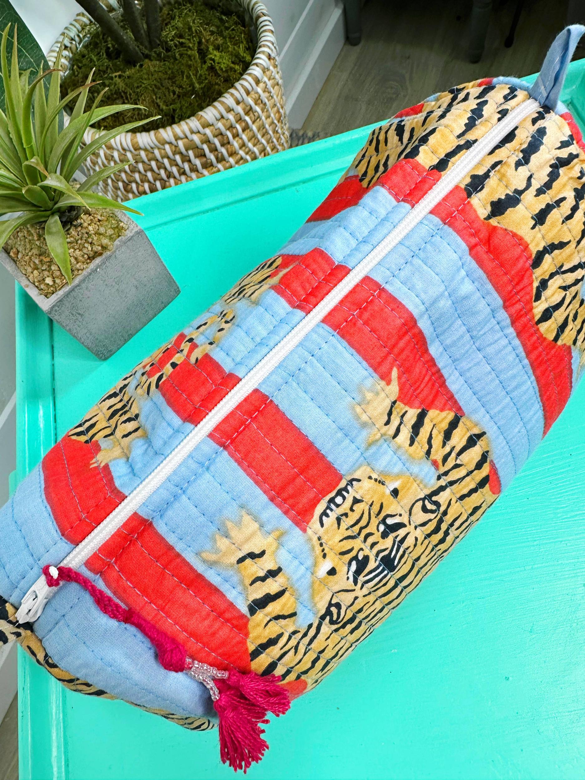 Blue and Tomato Striped Tiger Cosmetic Bag Product Image