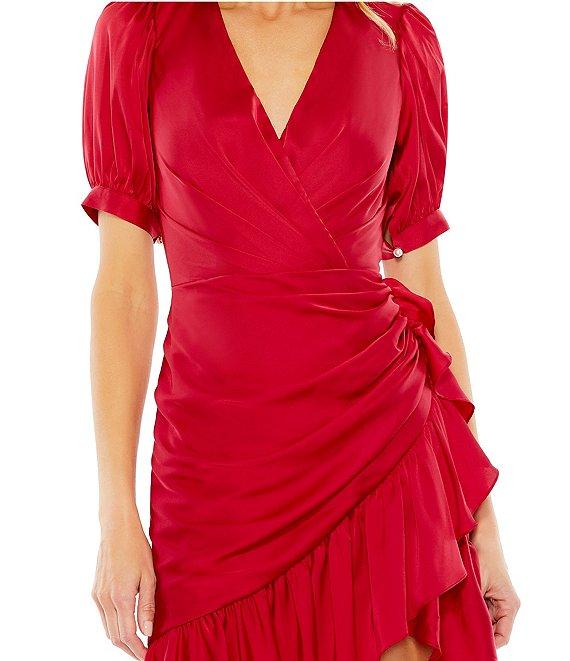 Mac Duggal Surplice V-Neck Faux Wrap Short Puff Sleeve Ruched Waist Asymmetrical Ruffle Hem Dress Product Image