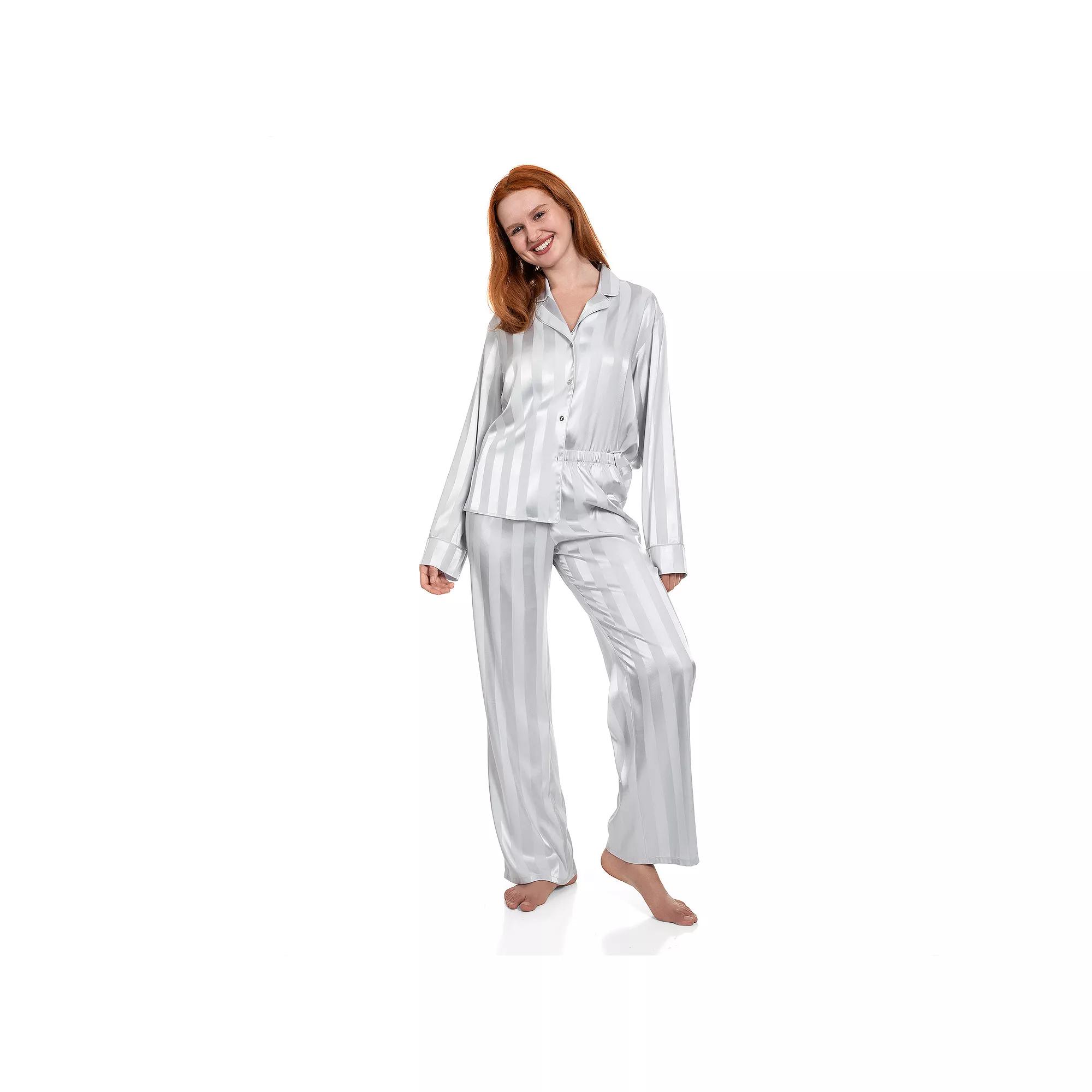 Women's Lilac+London Long Satin Notch Collar Pajama Top & Pajama Bottoms Set,  Product Image